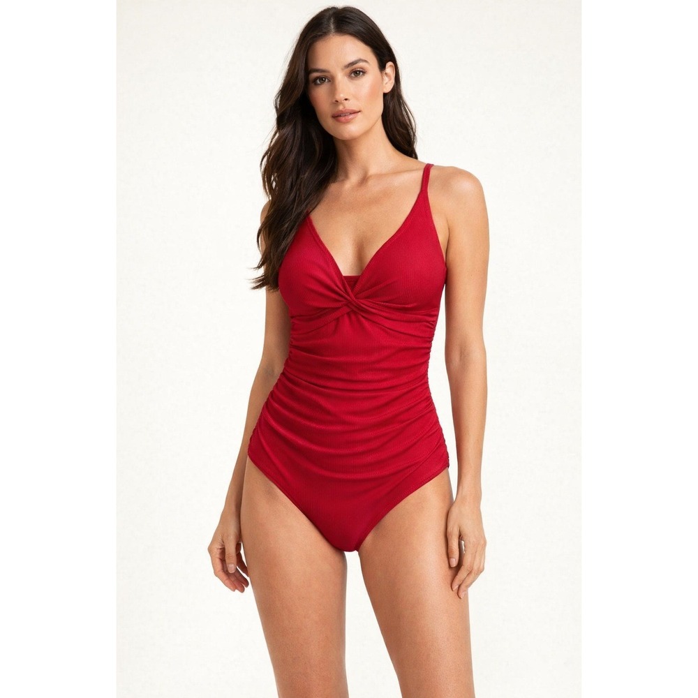 NipTuck Swim One Piece Swimsuit Women Size 6 Red Ribbed Twist Ruched V-Neck EUC